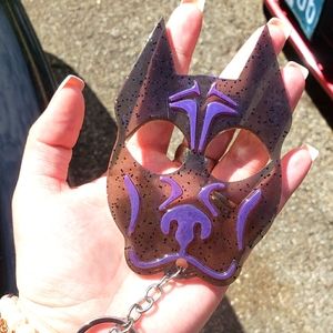 Purple Pitbull head Resin keychain/ handmade/ purple and black/ sharp ears